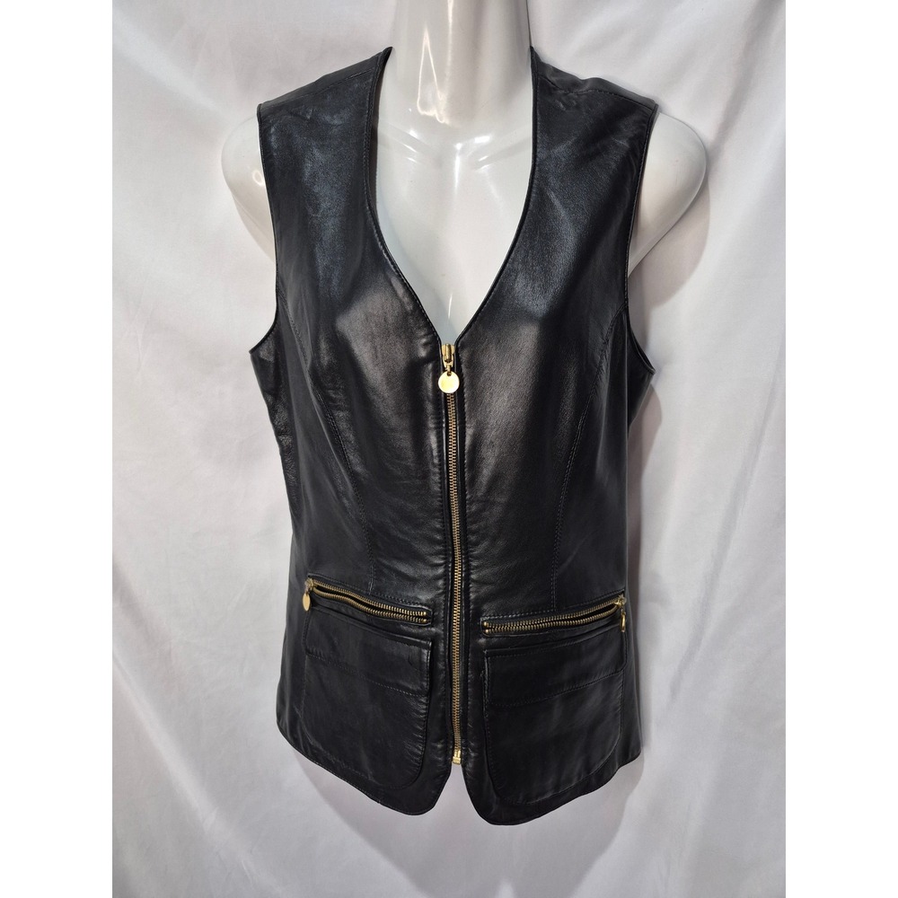 Vakko Womens Black Genuine Leather Full Zip Vest Gold Hardware Small
